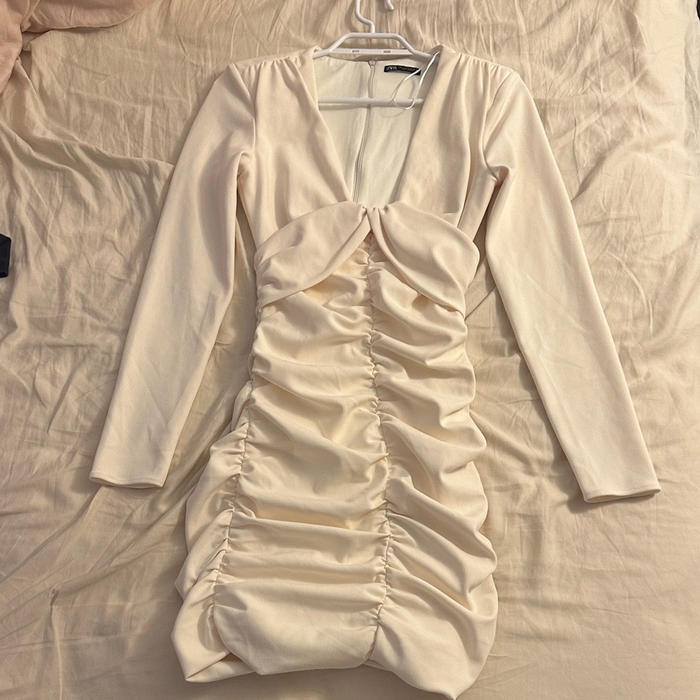 Zara Cream Long Sleeve Ruched Dress